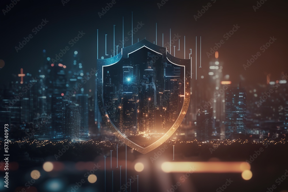 Cyber security theme with blurred city lights at night