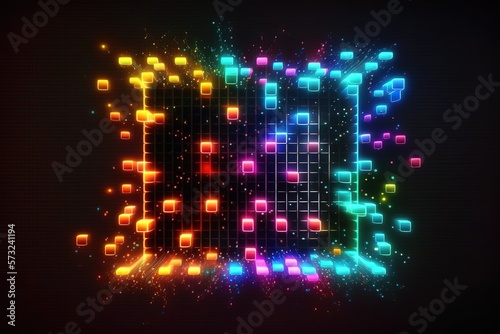 Led Light. Abstract effect. Future tech. Glare cubes. Digital cpu signal. .Shine grid. Modern big data. Neon flare. Quantum computer net system. .Magic code. Grid HUD lines. Web device. Blocks system
