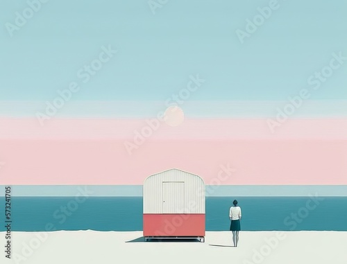 A Minimalist Drawing Of A Woman Standing Alone On the Beach