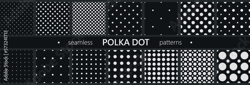 Collection of vector monochrome geometric seamless patterns. Simple dotted black and white textures - repeatable unusual dark backgrounds. Textile endless prints
