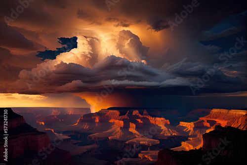 A sunset over the Grand Canyon illuminates dramatic clouds.