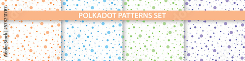 Set of vector seamless dotted colorful patterns. Abstract polka dot white backgrounds. Repeatable spotted textures. Fabric endless prints