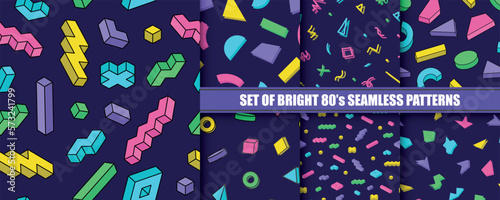 Collection of bright abstract seamless patterns. Colorful trendy creative backgrounds - funky endless prints with 3d shapes. Retro fashion style 80 - 90s