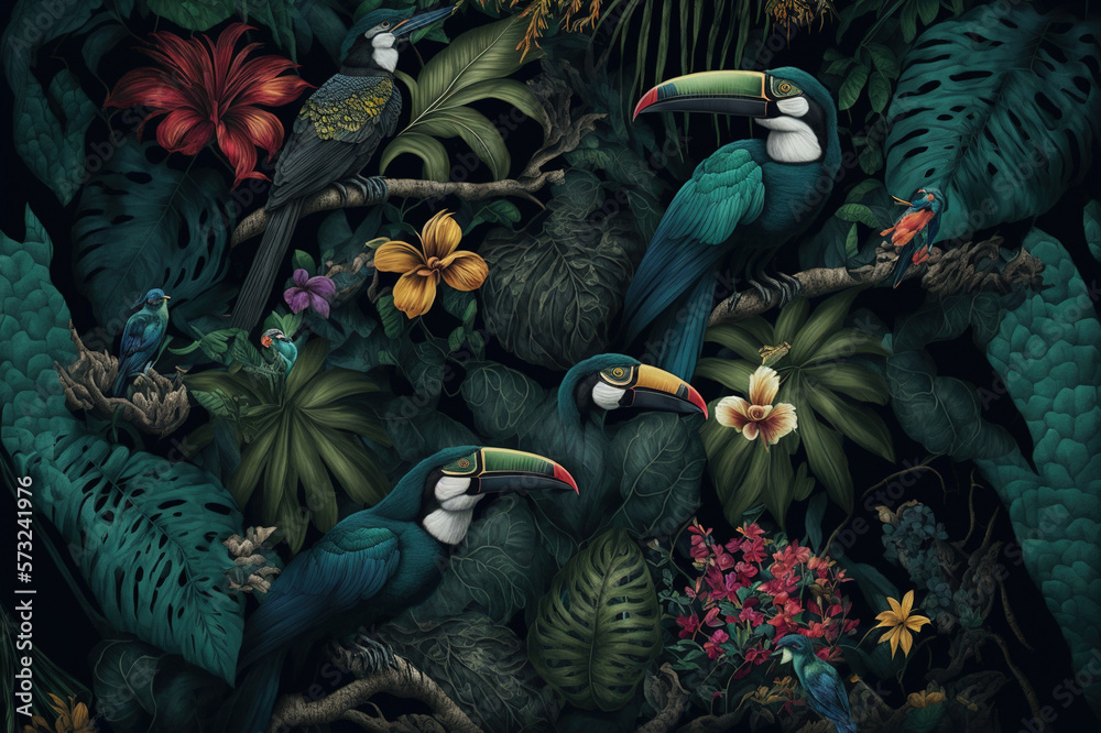 Various tropical leaves and birds exotic wallpaper design . Sublime Generative AI image . - obrazy, fototapety, plakaty 