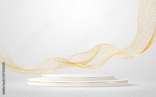 White podium with elegant gold wave lines on the back for product presentation. Display of cosmetic products. Stage or podium. vector illustration
