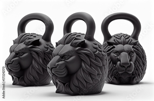Sports equipment. Three black kettlebell in the form of a brutal lion's head on white background. AI.