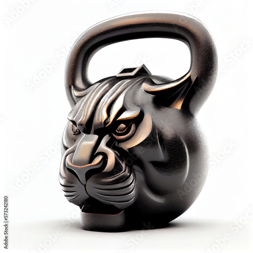 Sports equipment. One iron kettlebell in the form of a brutal tiger's head on white background. AI.