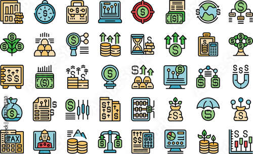 Capital gain icons set outline vector. Economic business. Money raise color flat on white