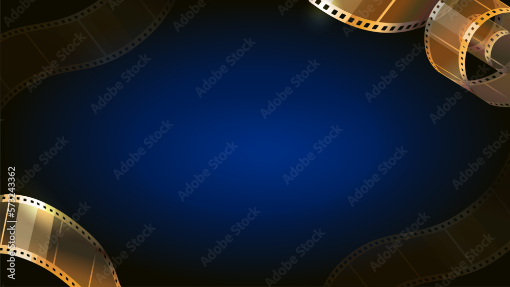 Golden film reel strip on dark blue background. Realsittic 35 mm