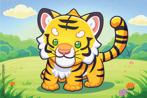 The illustration depicts a majestic tiger standing in a lush forest. The tiger is depicted with bold lines and vibrant orange fur with black stripes. Its piercing eyes stare directly at the viewer