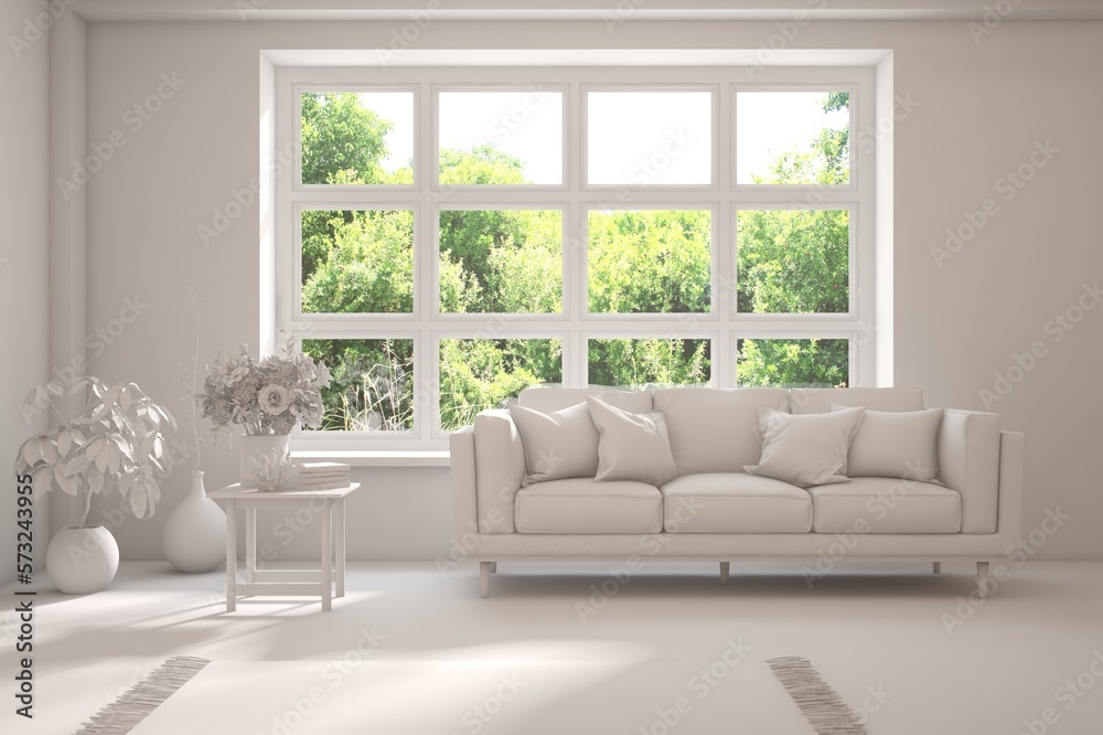 Fototapeta premium Mock up of stylish room in white color with sofa and green landscape in window. Scandinavian interior design. 3D illustration