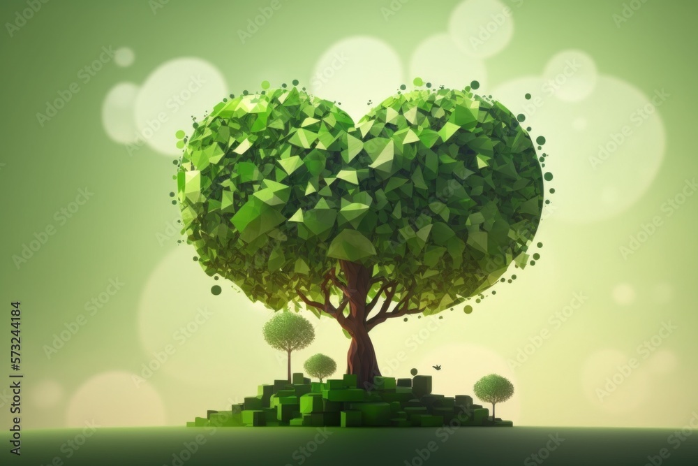 3d illustration of A heart-shaped tree with small leaves. Plant growing out of a heart shaped soil with bokeh background. Ecology concept and love nature concept and love nature. Generative AI 3d illustration of A heart-shaped tree with small leaves. Plant growing out of a heart shaped soil with bokeh background. Ecology concept and love nature concept and love nature. Generative AI