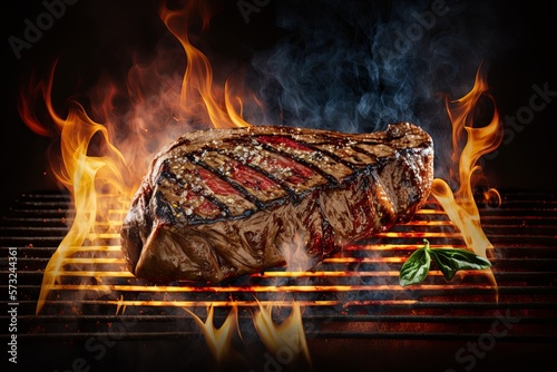 Barbecue Party. Juicy grilled meat. Grilling Steak on a Fire Grill (Generative AI)
