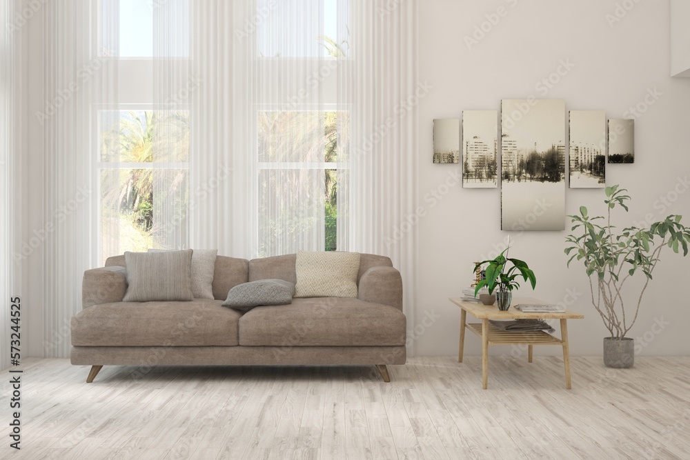 Fototapeta premium White living room with sofa and summer landscape in window. Scandinavian interior design. 3D illustration