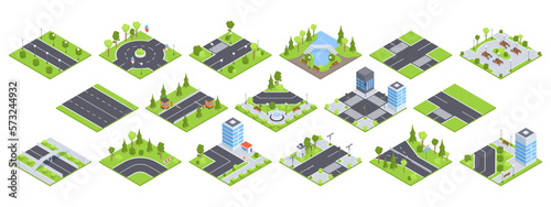 Isometric city map elements. Street roads, buildings, crossroads with traffic lights and street gardening 3D vector illustration set