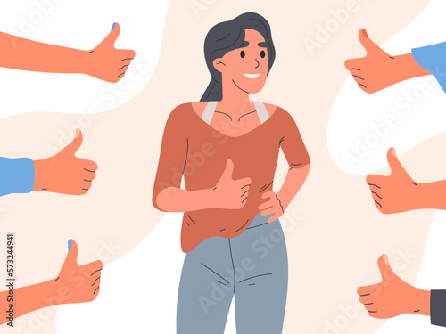 Positive approval. Female person surrounded thumbs up, public positive respect opinion and acceptance flat vector illustration isolated on white background