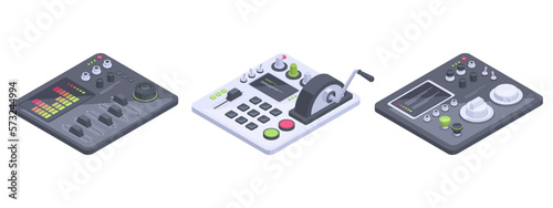 Isometric control panels. Spaceship dashboards, aircraft panel with controllers, buttons and sliders 3d vector illustration