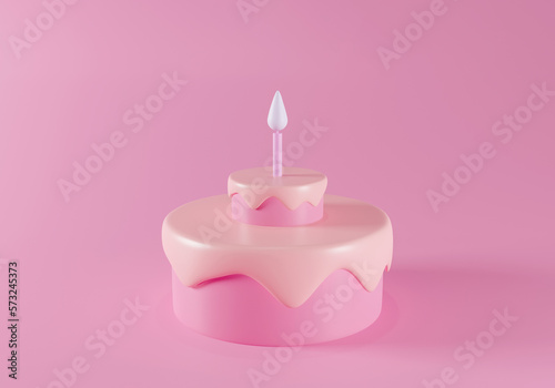 Cute birthday cake 3d rendering colorful pink with a candle, Sweet cake for a surprise birthday, mother's, Day, or Valentine's on a pink background