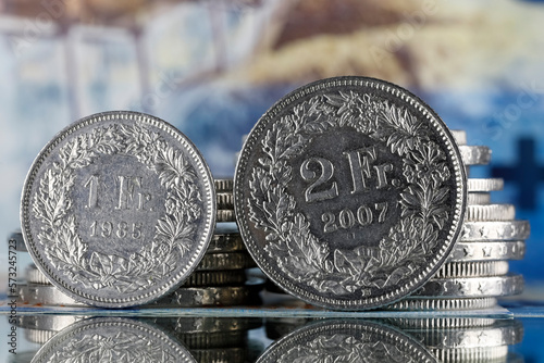 One and two franc coins and other Swiss money