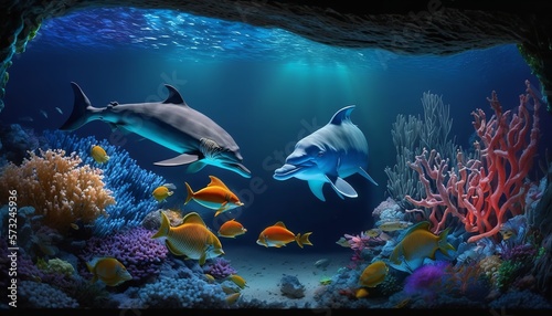 Fototapeta Naklejka Na Ścianę i Meble -  Digital illustration of a backdrop landscape with colorful tropical fish and coral, undersea coral reef life, sunlight, crystal-clear ocean water.  Generative Ai.