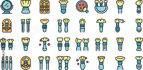 Makeup brushes icons set outline vector. Cosmetic beauty. Brush care color flat on white