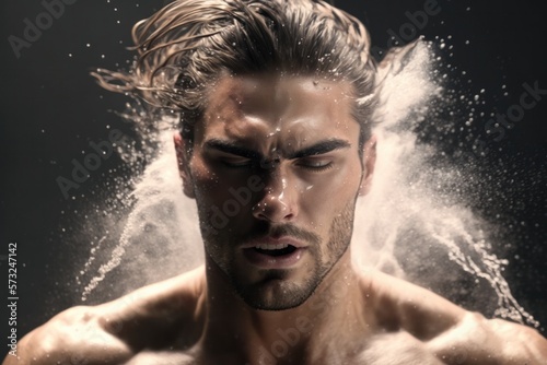 Man with water splashing from face, generative Ai