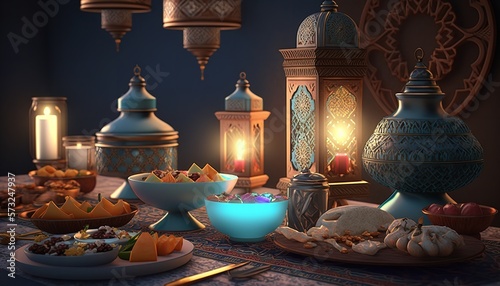 The iftar buffet during Ramadan is set up. Generative Ai.