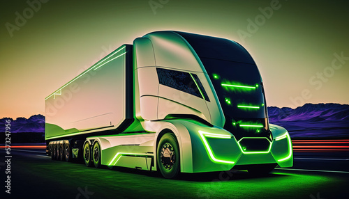 Ffuturistic truck, electric vehicle transportation at high speed on highway. Generative Ai photo