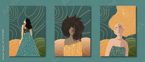Trois femmes affiche, carte, symboles, formes, texture et couleurs, joyeux, dynamique 