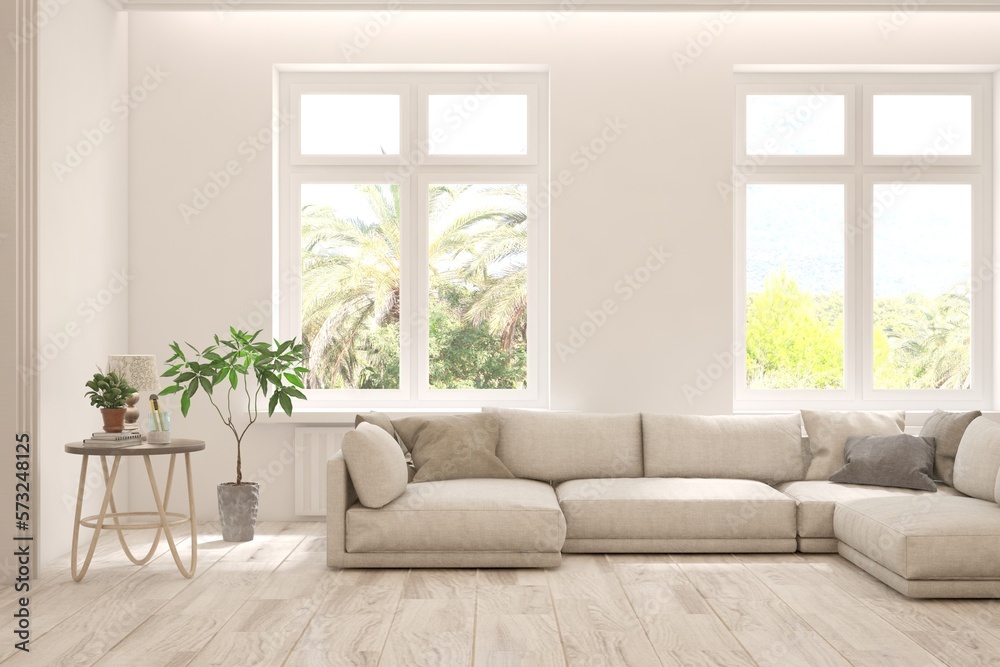 Fototapeta premium White living room with sofa and summer landscape in window. Scandinavian interior design. 3D illustration