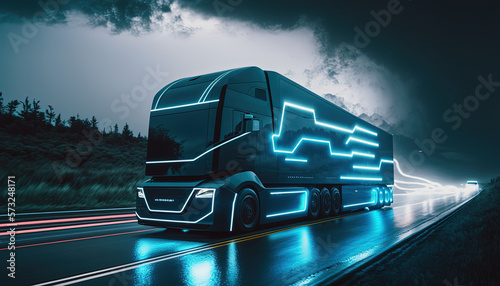 Ffuturistic truck, electric vehicle transportation at high speed on highway. Generative Ai photo