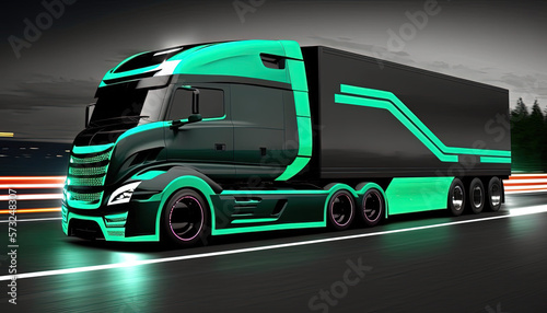 Ffuturistic truck, electric vehicle transportation at high speed on highway. Generative Ai photo