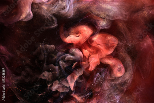 Red black ink abstract background. Acrylic paint backdrop for perfume, hookah, cosmetics. Mysterious smoke clouds, colorful fog