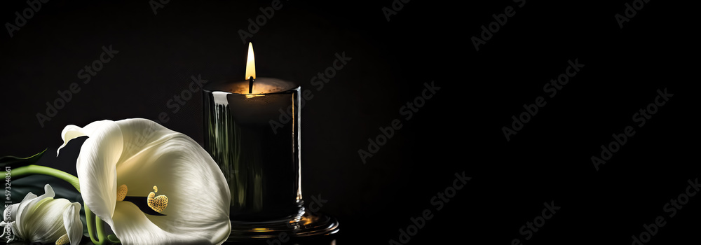 Burning candles and calla flowers on black background with space for text. Funeral concept. digital  art	 - obrazy, fototapety, plakaty 