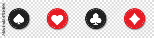 Hearts, clubs, diamonds and spades icon on an isolated transparent background. Set collection gambling sign symbol of playing card suits and chips for poker and casino.
