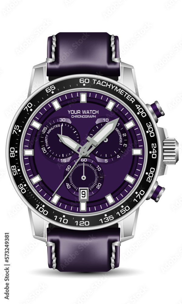 Realistic silver black watch chronograph purple face leather strap on white backgrounddesign for men fashion vector Realistic silver black watch chronograph purple face leather strap on white backgrounddesign for men fashion vector