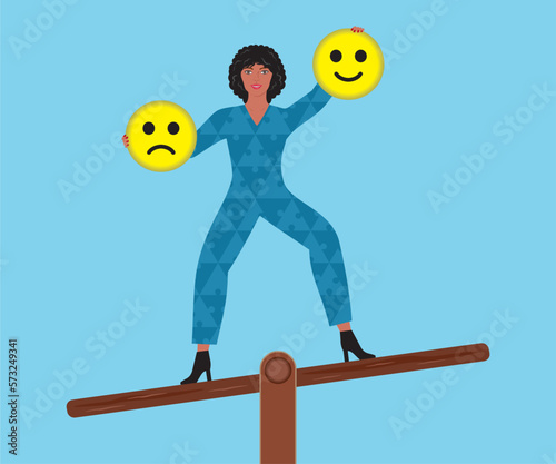 Woman with emotions symbols for happy and sad, holding up the happy face. Standing on teeter board and balancing. Vector illustration.