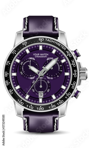 Realistic silver black watch chronograph purple face leather strap on white backgrounddesign for men fashion vector