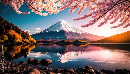 view of Mount Fuji with cherry blossom, and flowers at the lake in japan. Mount Fuji with cherry blossom, flowers at the lake in japan fuji mountain at viewpoint. Generative AI photo