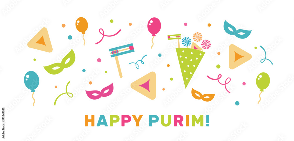 Happy Purim - a Jewish holiday. Colorful background with balloons, masks, and confetti. Vector Illustration. Happy Purim - a Jewish holiday. Colorful background with balloons, masks, and confetti. Vector Illustration.