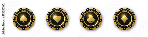 Diamonds, clubs, hearts, spades chips. Set of gold and black poker chips. Gambling tokens with suits for poker and casino. Vector illustration. For game design, advertising web banner and poster.