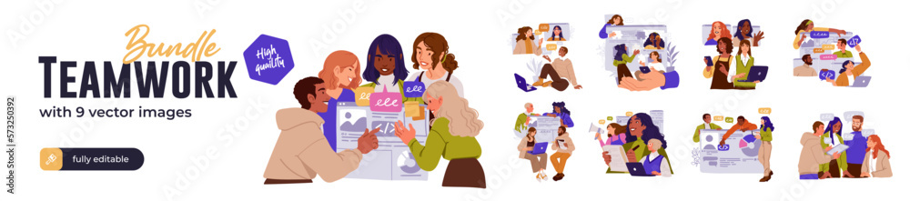Business Teamwork illustrations. Mega set. Collection of scenes with men and women taking part in business activities. Trendy style Business Teamwork illustrations. Mega set. Collection of scenes with men and women taking part in business activities. Trendy style