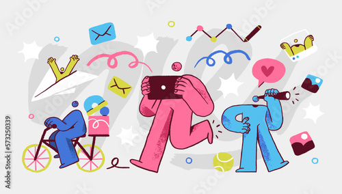 Creative team working under corporate project. Business and creativity process, teamwork concept. Flat vector illustration