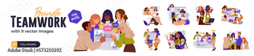 Business Teamwork illustrations. Mega set. Collection of scenes with men and women taking part in business activities. Trendy style