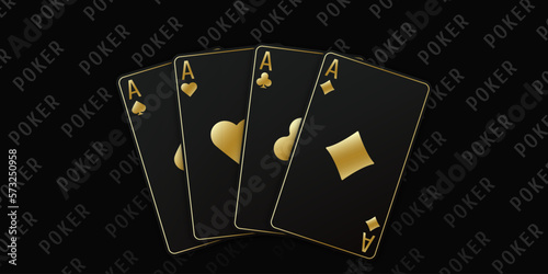 Hand fan of playing cards consisting of four black and golden Ace of Spades, Diamonds, Clubs, Hearts. Vector illustration poker and casino of all the aces on a black table background.