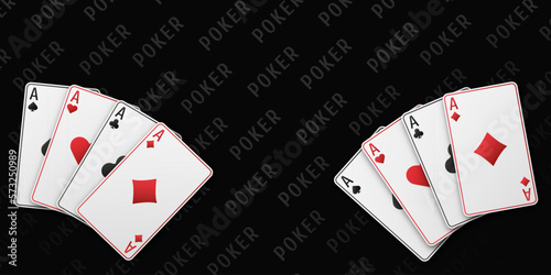 Hand fan of playing cards consisting of four Ace of Spades, Diamonds, Clubs, Hearts. Vector illustration poker and casino of all the aces on a black table background.