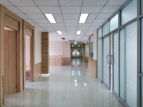 Obraz na plátne Empty hospital interior corridor, hallway with sterile floor to reduce disease and enhance medical treatment efficiency