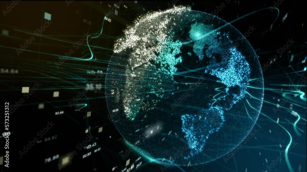 3D World trade map of 5G smart deep tech spacetech AI big data stock price index. Digitalization fintech web3 blockchain crypto money internet of things IOT concept. Speed flying online news on Earth.