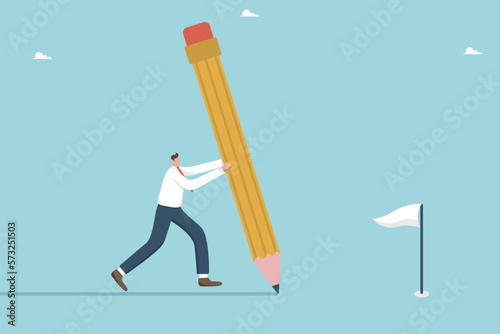 Workflow, project progress, work experience, reach the finish line in projects through hard work, finishing a task, a businessman with a huge pencil draws a workflow line to the achievement flag.