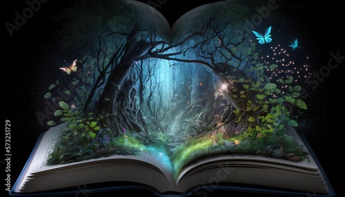 stunning magical fantasy forest in center a magical open book, Generative AI